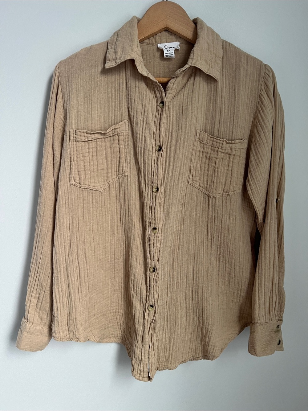 Japna | Neutral Tan Gauzy Cotton Button-Up Shirt Size M
